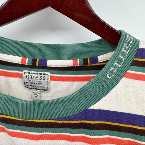 Guess 1981 Retro Multicolor Embroidered Logo Striped T Shirt Mens Vtg 90s - Picture 3 of 8